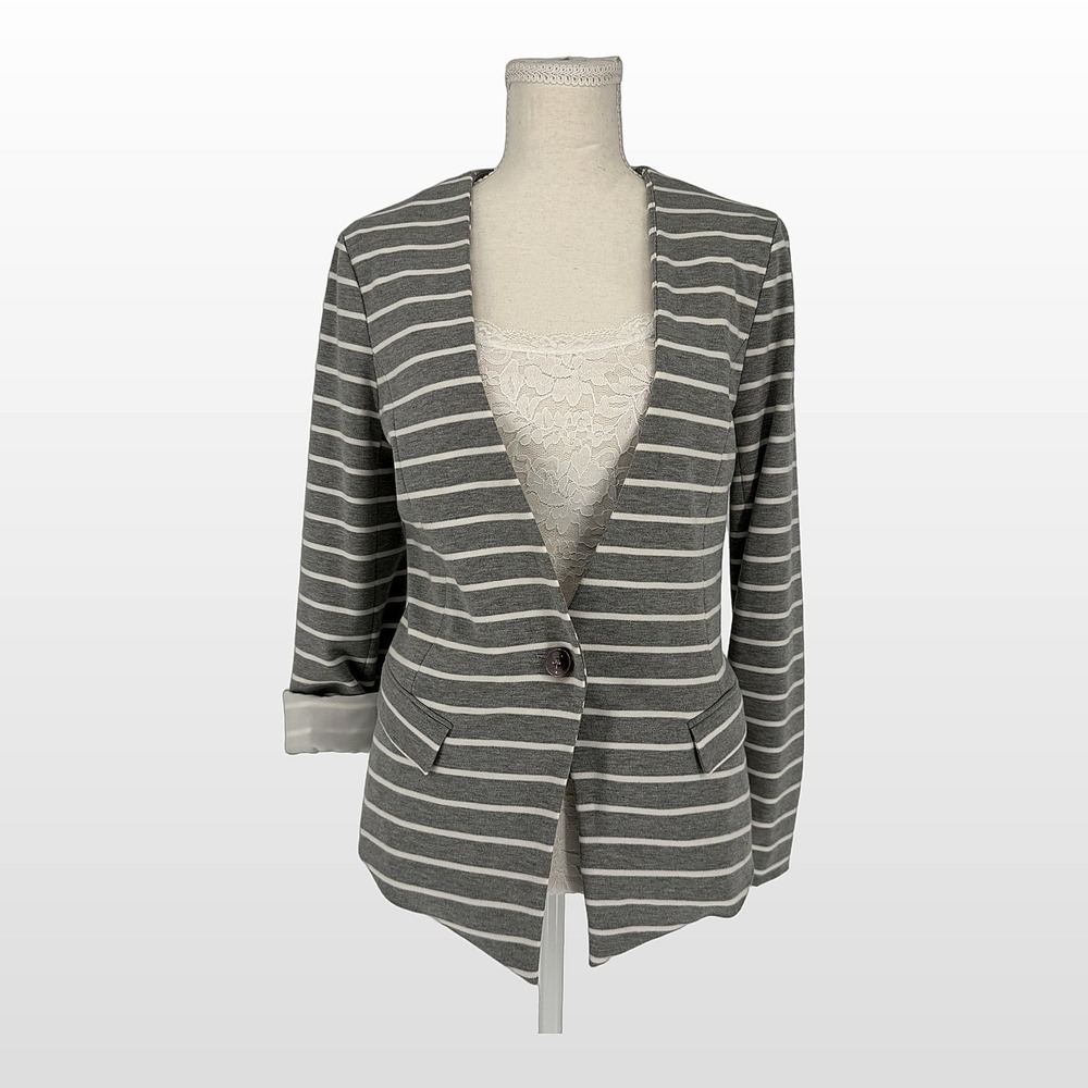 Eden Society Blazer Womens Small Gray White Striped Cotton Blend Knit Workwear - Picture 3 of 14